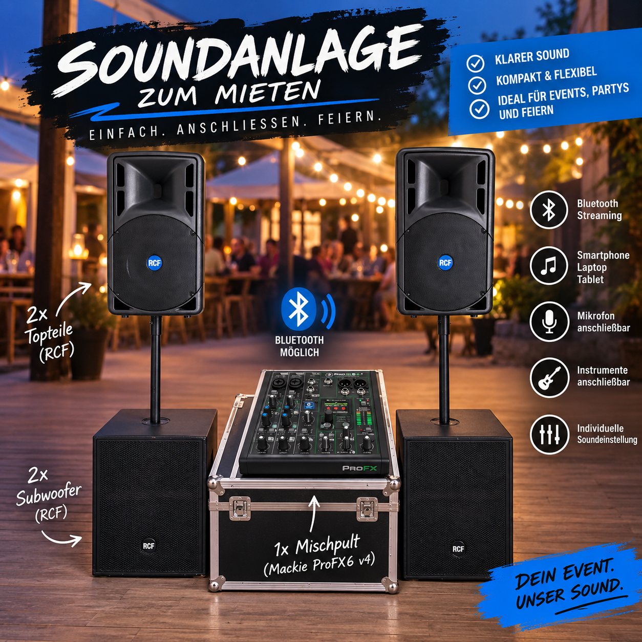 Technische Übersicht der RCF Soundanlage: Topteile, Subwoofer und Mischpult